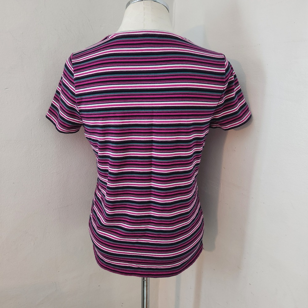 Talbots Petites Women MP Pink Purple Teal Striped Short‎ Sleeve Crewneck Tee Top - Picture 2 of 5
